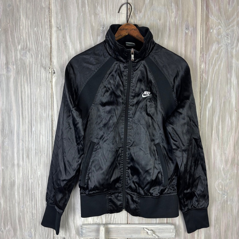 VTG Nike Sportswear Track Jacket Black Full Zip Size M Women's‎ Satin Streetwear